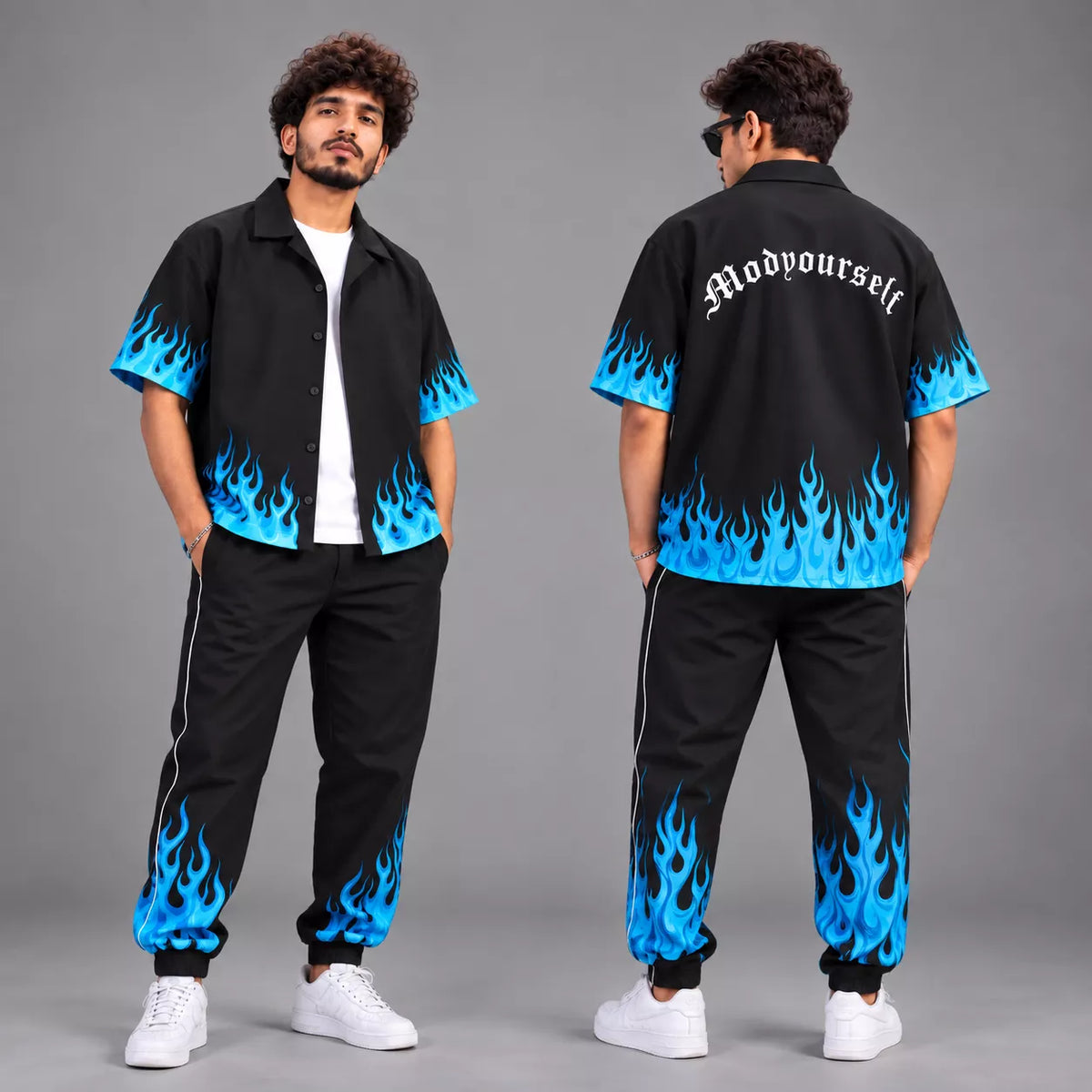 Blue and Black Flame Graphics Jump Suit