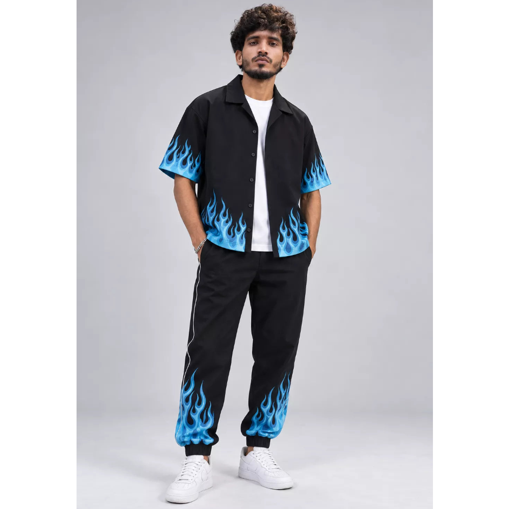Blue and Black Flame Graphics Jump Suit