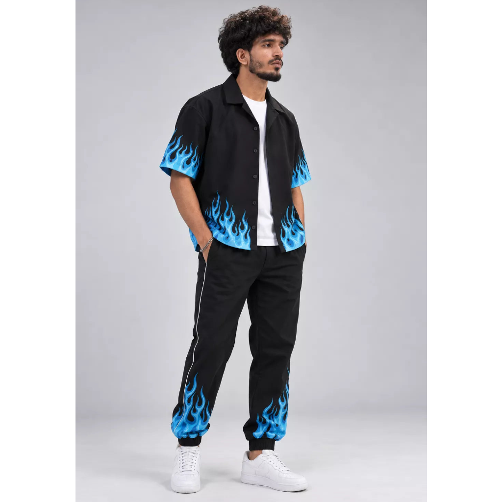 Blue and Black Flame Graphics Jump Suit
