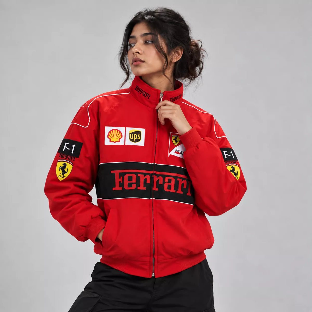 Red Ferrari Embroidery Parachute Jacket