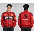 A man modeling a red Ferrari leather jacket, shown from both the front and back against a light gray studio background. The jacket features the Ferrari logo, Scuderia Ferrari patches, and sponsor logos including UPS and Shell.