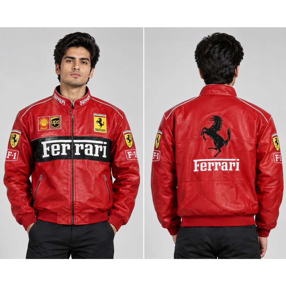 A man modeling a red Ferrari leather jacket, shown from both the front and back against a light gray studio background. The jacket features the Ferrari logo, Scuderia Ferrari patches, and sponsor logos including UPS and Shell.
