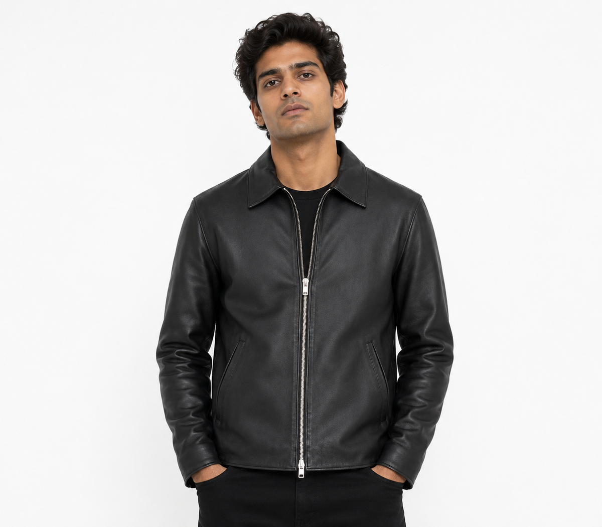 Model wearing ModYourself Merlot Leather Jacket in premium faux leather with a rich burgundy finish and luxury tailored fit.
