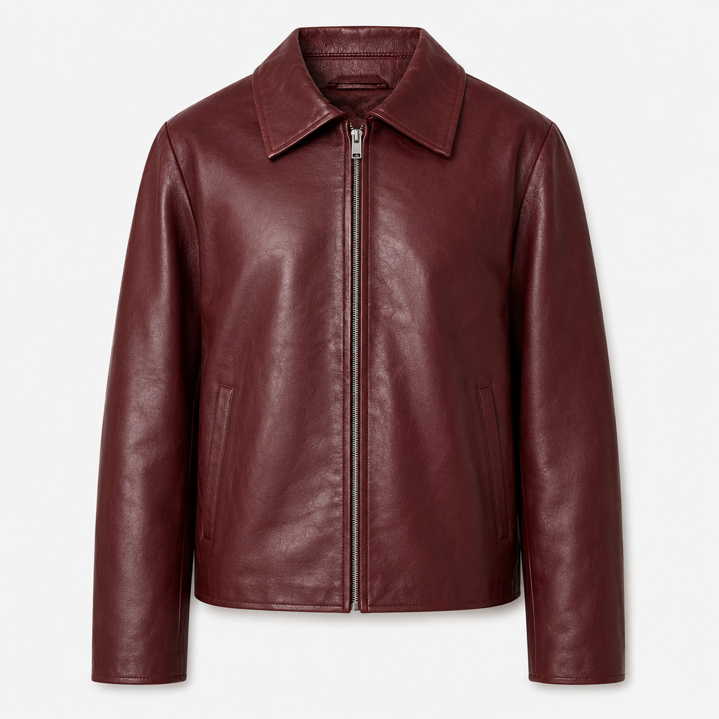 Model wearing ModYourself Merlot Leather Jacket in premium faux leather with a rich burgundy finish and luxury tailored fit.