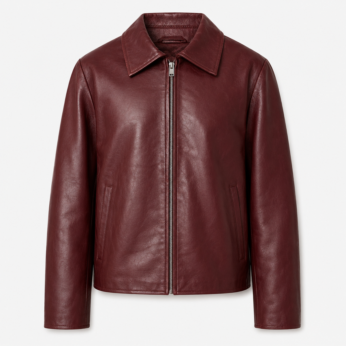 Model wearing ModYourself Merlot Leather Jacket in premium faux leather with a rich burgundy finish and luxury tailored fit.