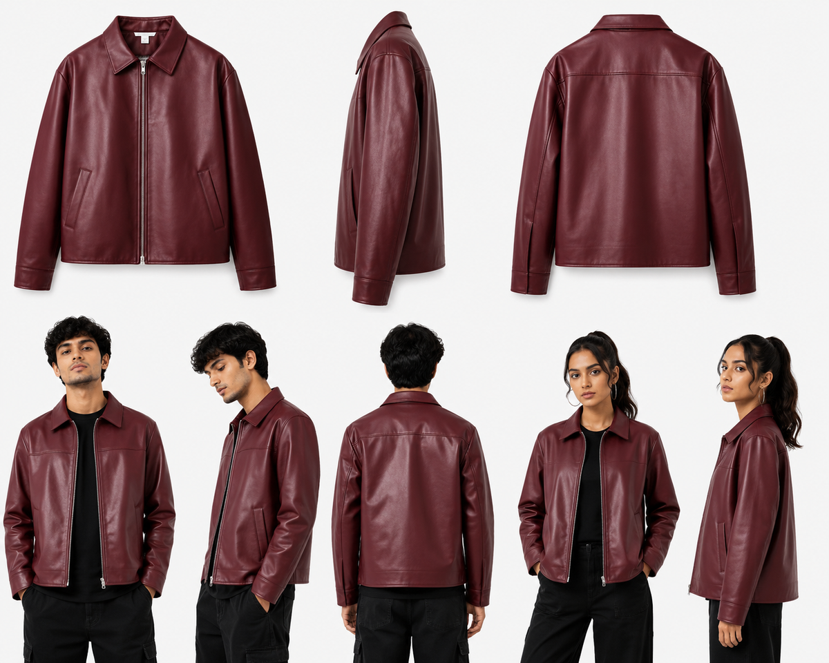 Model wearing ModYourself Merlot Leather Jacket in premium faux leather with a rich burgundy finish and luxury tailored fit.