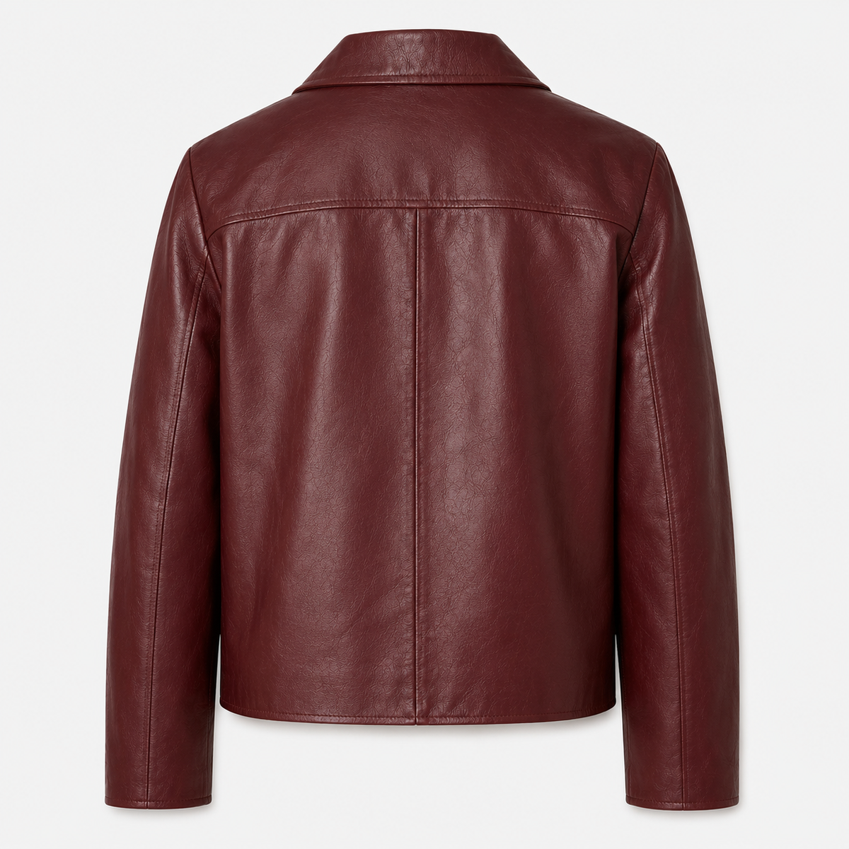 Model wearing ModYourself Merlot Leather Jacket in premium faux leather with a rich burgundy finish and luxury tailored fit.