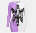 Model wearing ModYourself Skeletal Muse Dress featuring skeletal-inspired artwork and contemporary luxury tailoring.