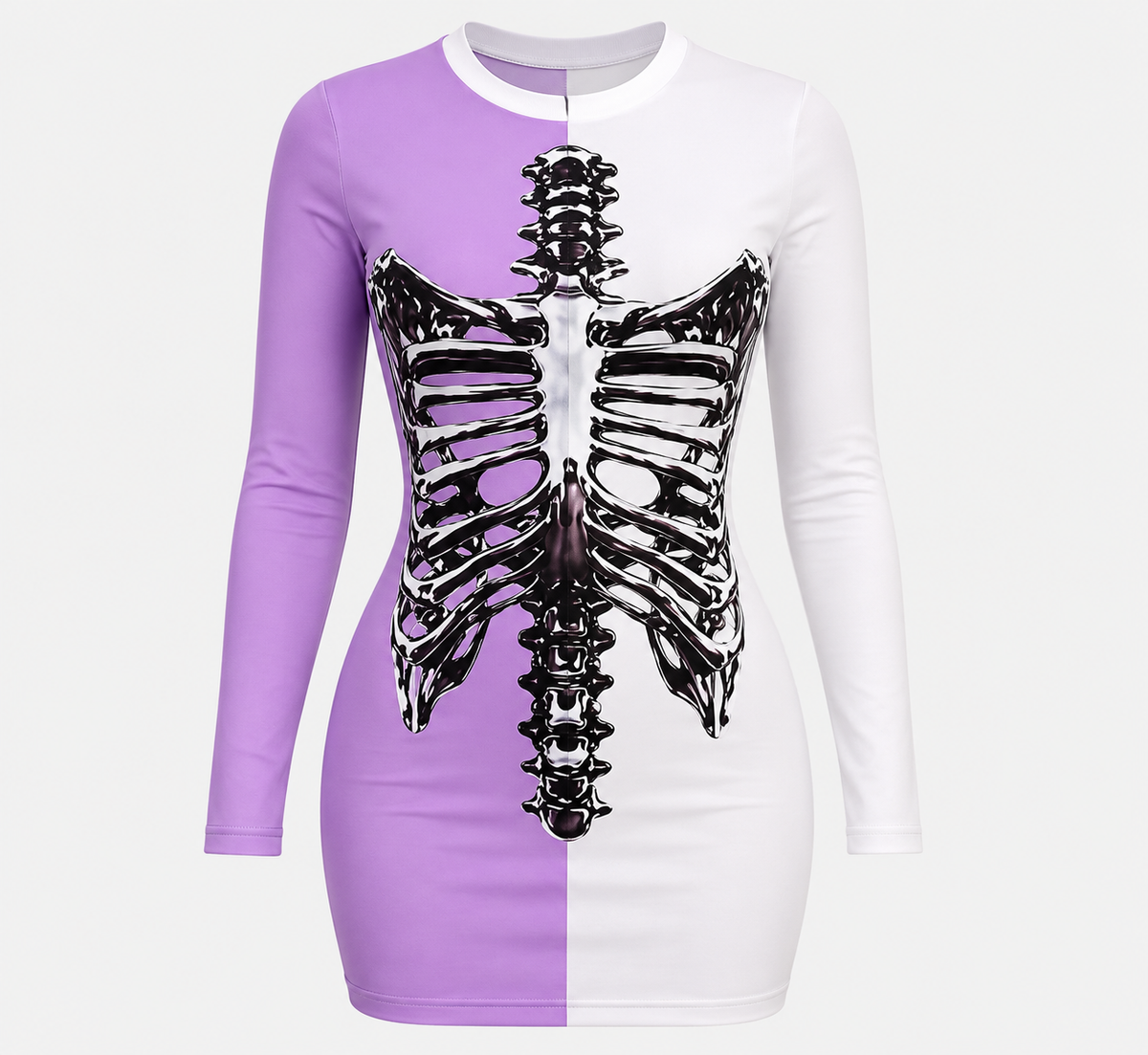 Model wearing ModYourself Skeletal Muse Dress featuring skeletal-inspired artwork and contemporary luxury tailoring.
