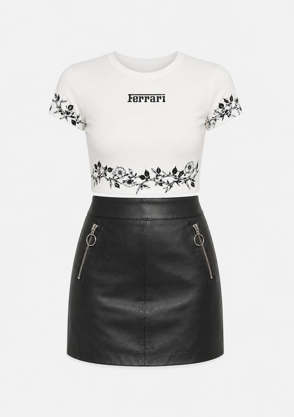 Model wearing ModYourself Urban Blossom Set featuring a fitted spandex blend top and premium faux leather skirt.