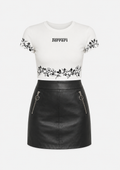 Model wearing ModYourself Urban Blossom Set featuring a fitted spandex blend top and premium faux leather skirt.