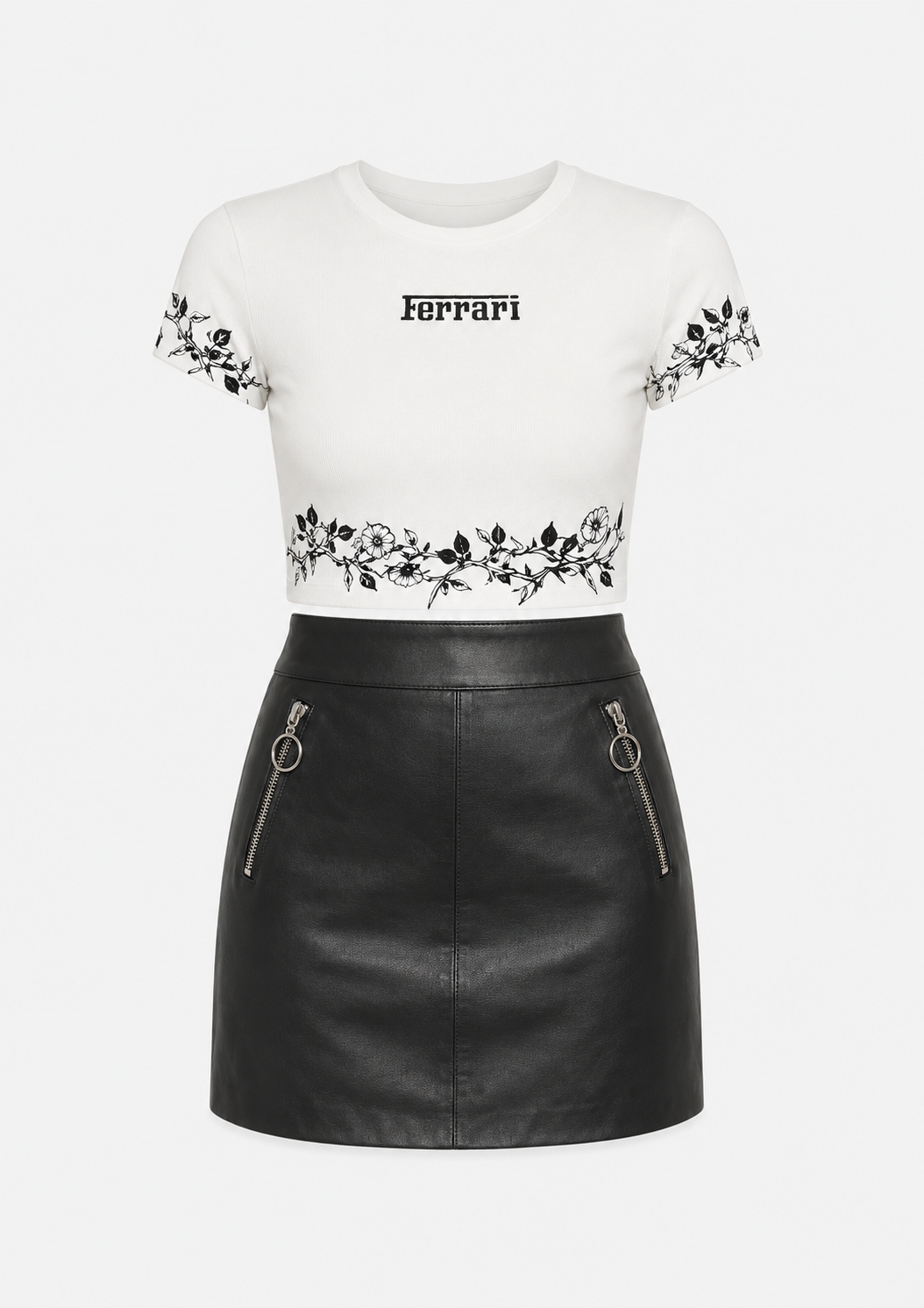 Model wearing ModYourself Urban Blossom Set featuring a fitted spandex blend top and premium faux leather skirt.