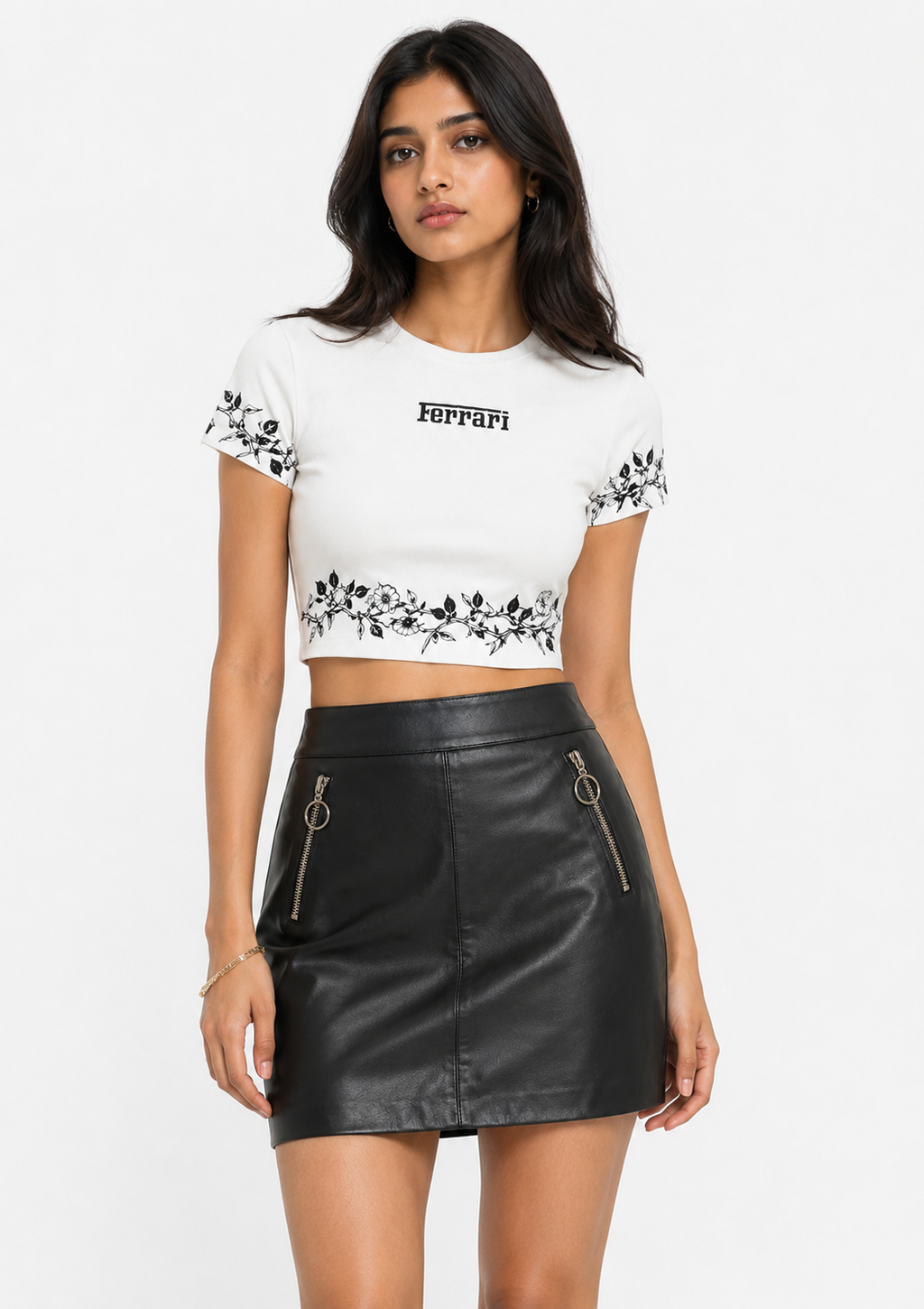 Model wearing ModYourself Urban Blossom Set featuring a fitted spandex blend top and premium faux leather skirt.