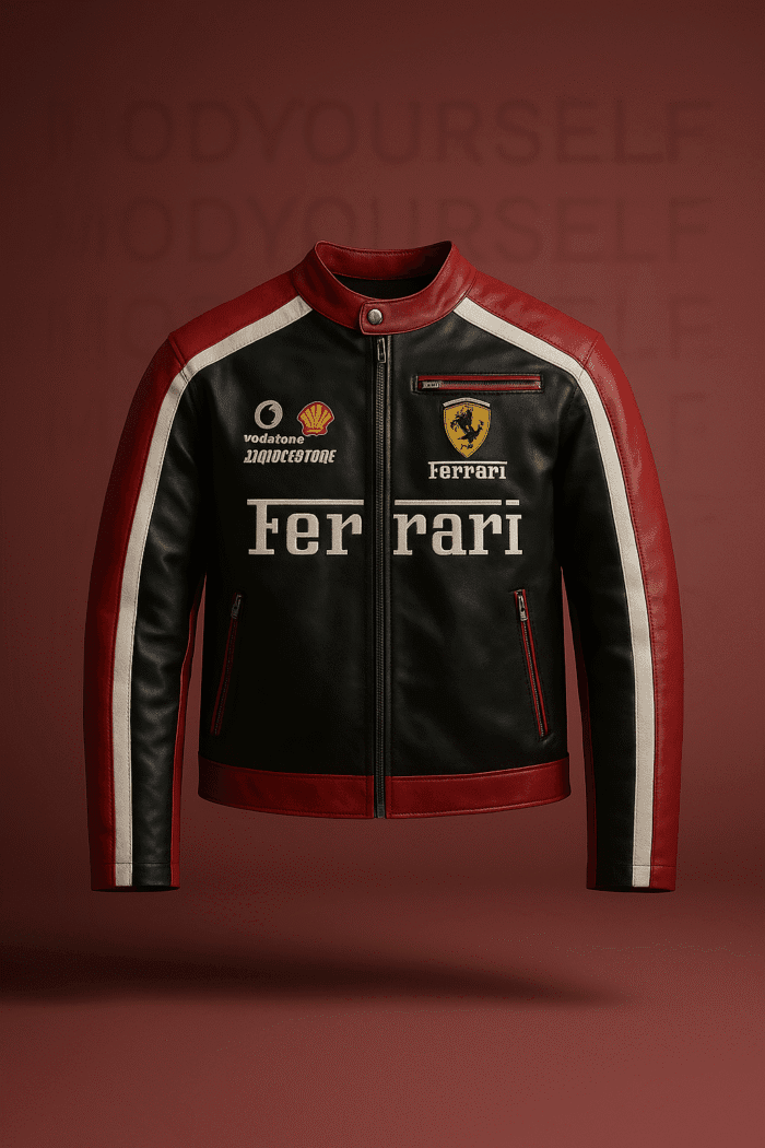 ModYourself Ferrari Velocity Leather Jacket — black leather with Ferrari-red accents.