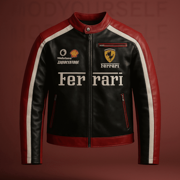 ModYourself Ferrari Velocity Leather Jacket — black leather with Ferrari-red accents.
