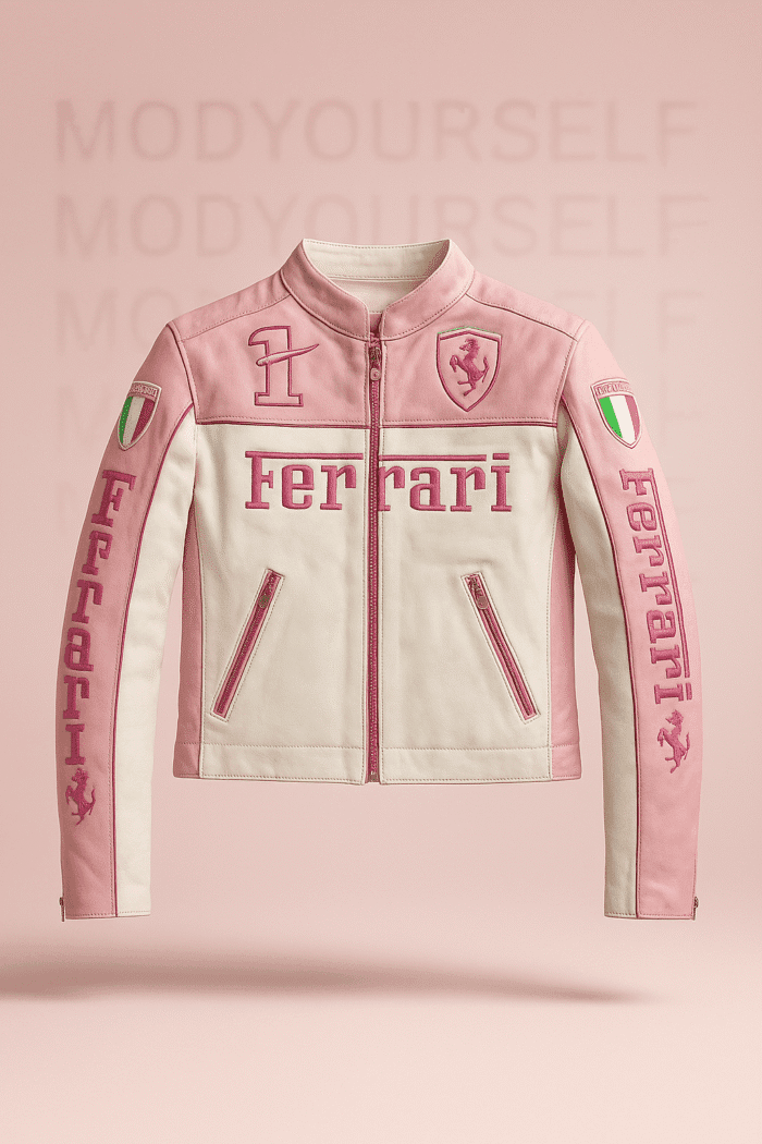 Bold luxury meets motorsport heritage: Ferrari Pink & White Rose Luxe Leather Jacket from ModYourself. Premium leather, couture tailoring & limited edition.