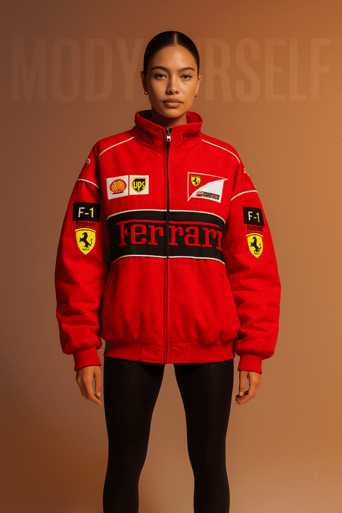 Model wearing Red Ferrari Monza Spirit Jacket luxury F-1 racing edition by ModYourself