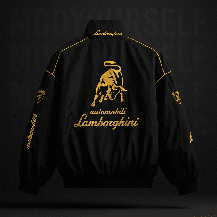 Model wearing ModYourself Raging Bull Lamborghini Jacket premium parachute motorsport jacket.