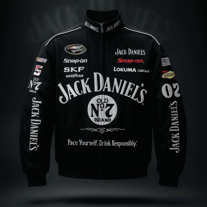 Model wearing Jack Daniels Midnight Rider Jacket oversized black luxury streetwear jacket by ModYourself