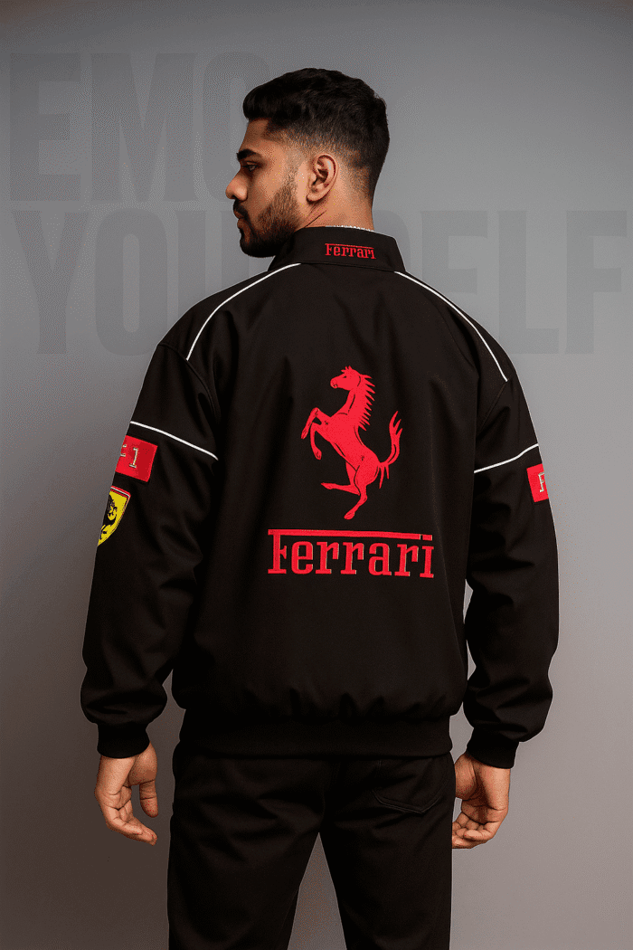 Model wearing ModYourself Black Ferrari Phantom Parachute Jacket — F-1 Phantom edition in parachute fabric.