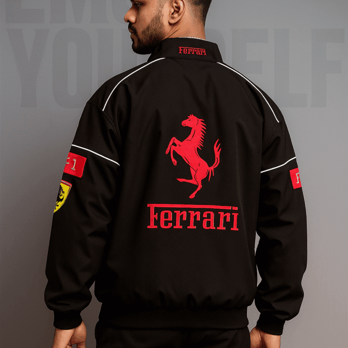 Model wearing ModYourself Black Ferrari Phantom Parachute Jacket — F-1 Phantom edition in parachute fabric.