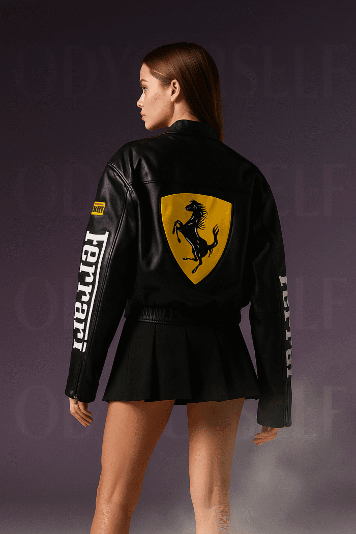 Model wearing ModYourself Black Ferrari Phantom Leather Jacket premium faux leather F-1 edition.