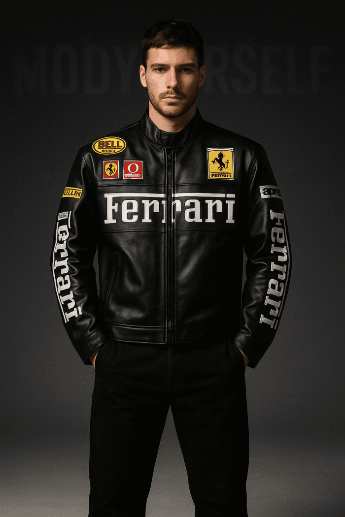 Model wearing ModYourself Black Ferrari Phantom Leather Jacket premium faux leather F-1 edition.