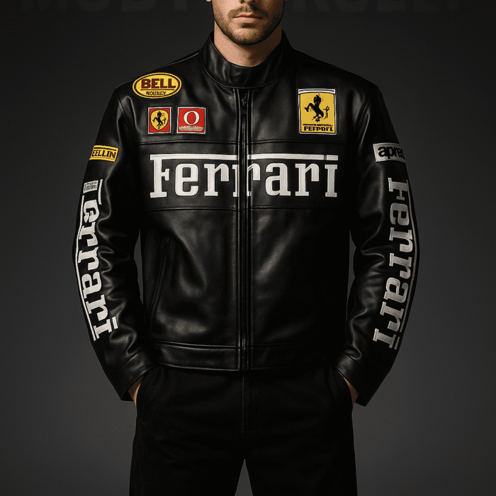 Model wearing ModYourself Black Ferrari Phantom Leather Jacket premium faux leather F-1 edition.