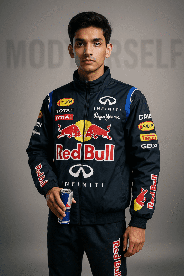 Model wearing ModYourself Redline Energy Redbull Jacket premium parachute performance jacket.
