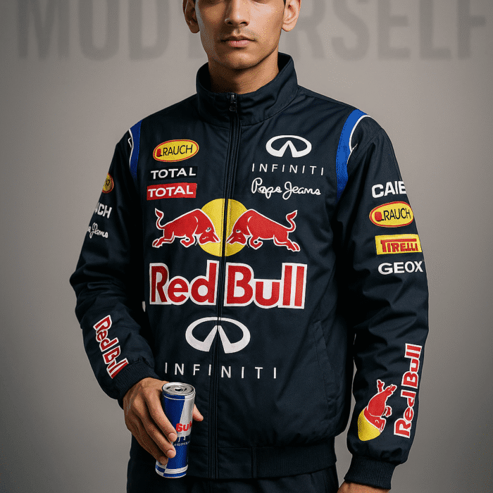 Model wearing ModYourself Redline Energy Redbull Jacket premium parachute performance jacket.