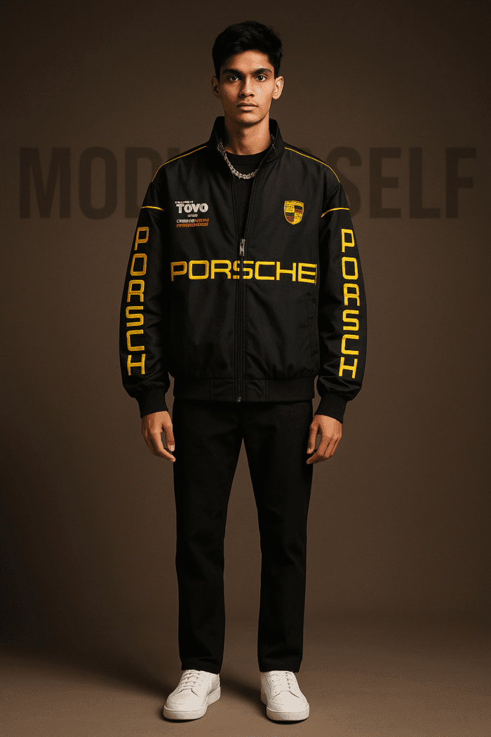 Model wearing ModYourself 911 Legacy Porsche Jacket premium oversized parachute motorsport jacket.