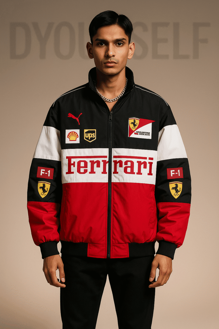 Model wearing Trio-colour Ferrari Monza Spirit Jacket (F-1 Edition) ModYourself premium motorsport jacket.