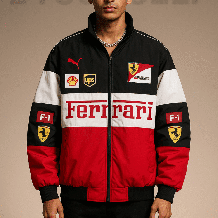 Model wearing Trio-colour Ferrari Monza Spirit Jacket (F-1 Edition) ModYourself premium motorsport jacket.