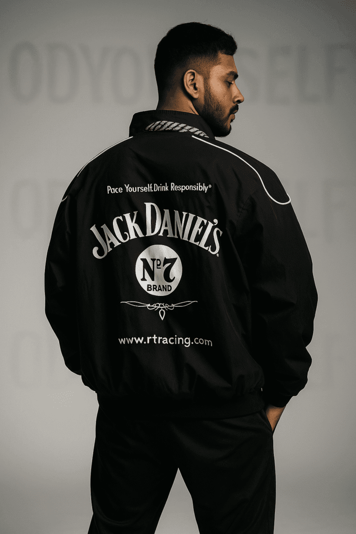Model wearing Jack Daniels Midnight Rider Jacket oversized black luxury streetwear jacket by ModYourself