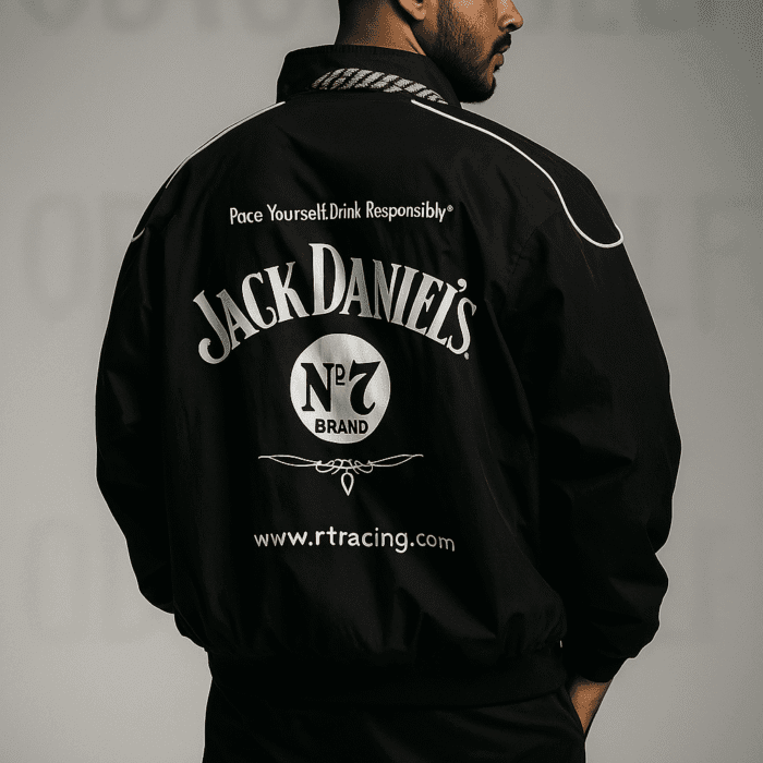 Model wearing Jack Daniels Midnight Rider Jacket oversized black luxury streetwear jacket by ModYourself