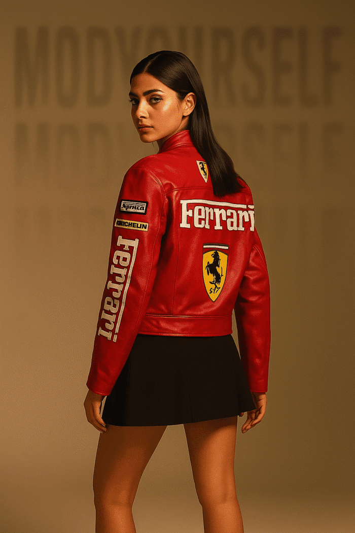 Model wearing ModYourself Red Ferrari Phantom Leather Jacket premium faux leather F-1 Phantom edition, Ferrari red.