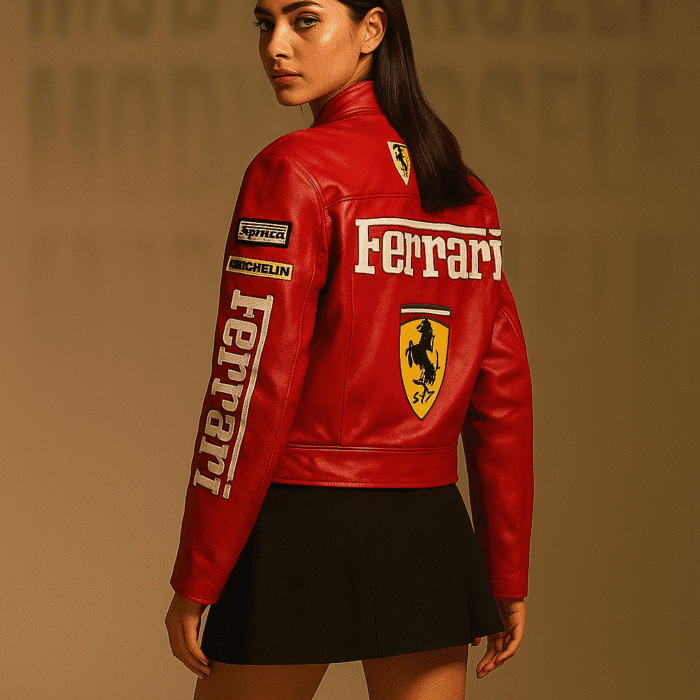 Model wearing ModYourself Red Ferrari Phantom Leather Jacket premium faux leather F-1 Phantom edition, Ferrari red.