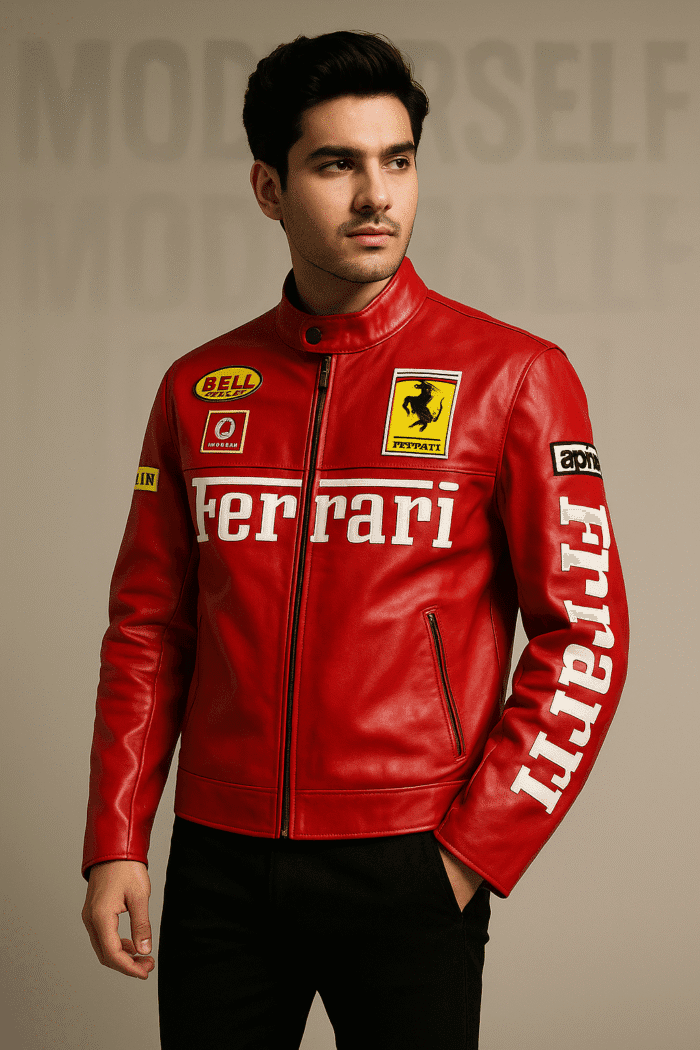 Model wearing ModYourself Red Ferrari Phantom Leather Jacket premium faux leather F-1 Phantom edition, Ferrari red.