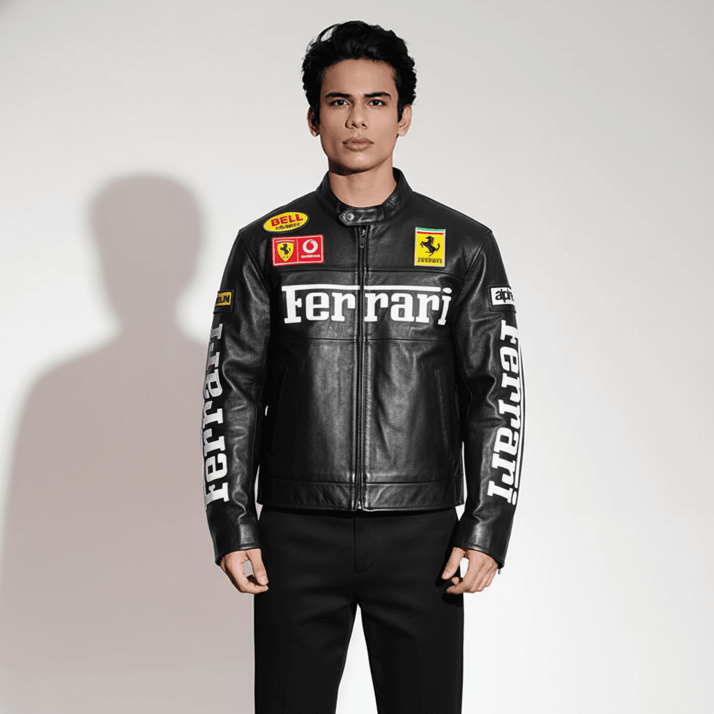 black ferrari leather jacket front