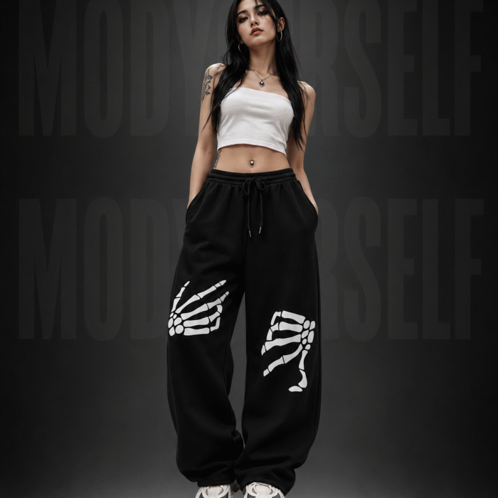 Model wearing ModYourself Straight Fit Anti Ordinary Tracks with stacked luxury streetwear silhouette and minimalist detailing.
