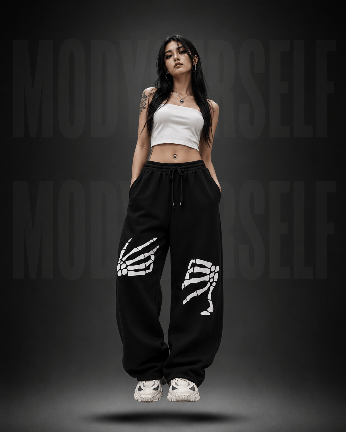 Anti Ordinary Tracks Model wearing ModYourself Straight Fit Anti Ordinary Tracks with stacked luxury streetwear silhouette and minimalist detailing.