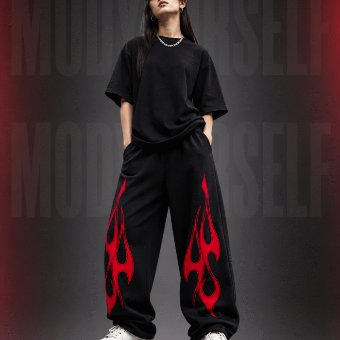 Model wearing ModYourself Phantom Flame Trackpants with luxury motorsport-inspired flame detailing and tapered streetwear fit.