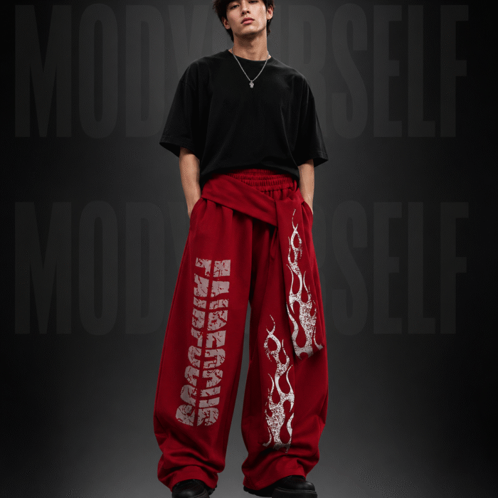 Model wearing ModYourself Straight Fit Redline Chaos Fit Tracks featuring motorsport-inspired detailing and luxury stacked silhouette.
