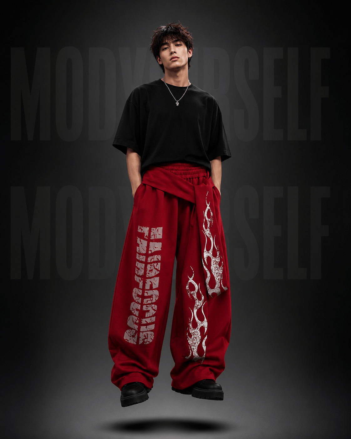 Redline Chaos Fit Model wearing ModYourself Straight Fit Redline Chaos Fit Tracks featuring motorsport-inspired detailing and luxury stacked silhouette.