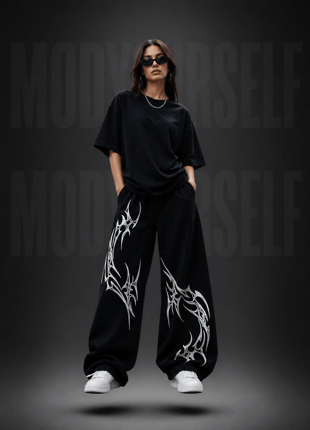 Shadow Spine Joggers Model wearing ModYourself Straight Fit Shadow Spine Joggers with futuristic spine graphics and luxury stacked streetwear fit.
