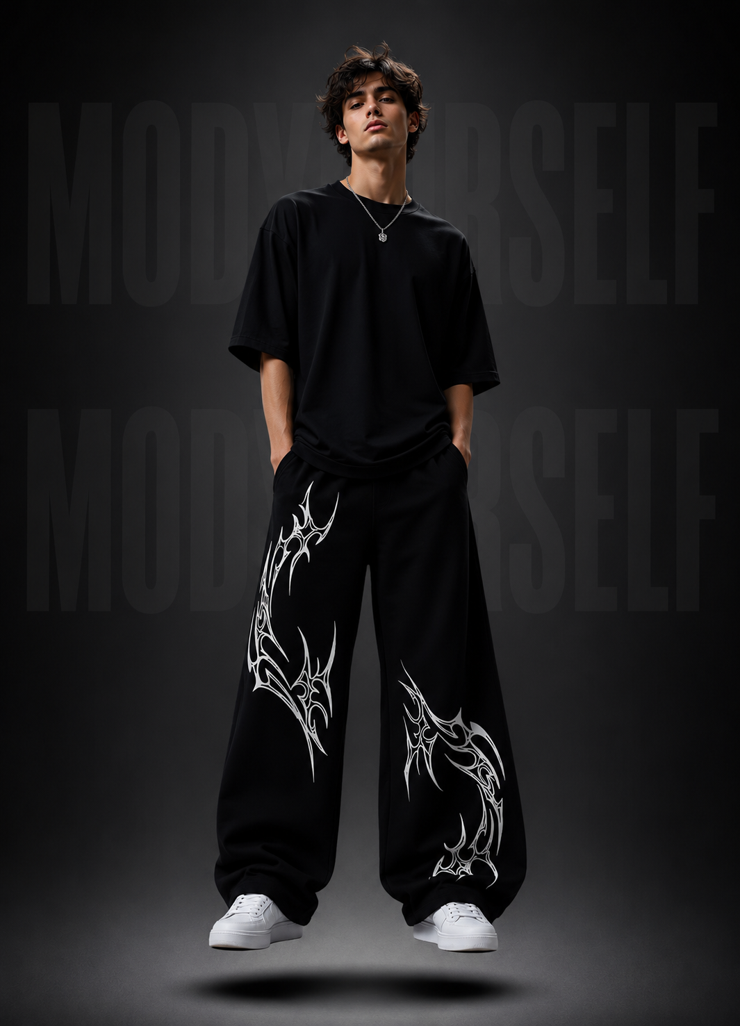 Shadow Spine Joggerss Model wearing ModYourself Straight Fit Shadow Spine Joggers with futuristic spine graphics and luxury stacked streetwear fit.