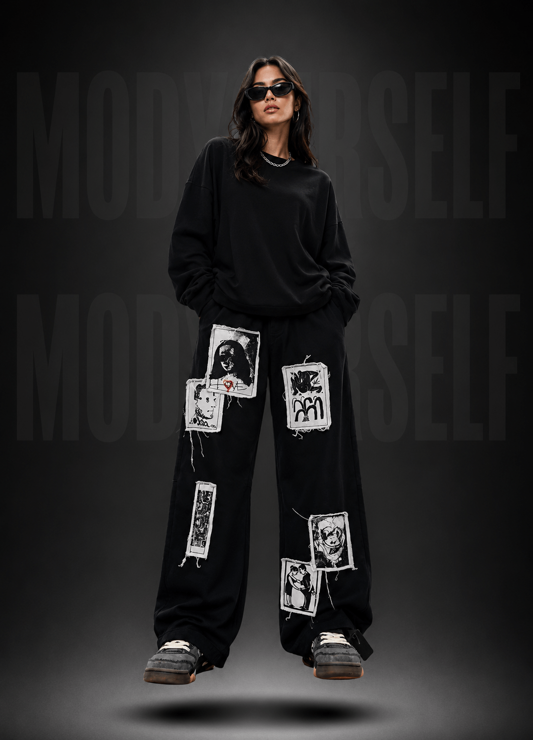 Straight Fit Anarchy Patch Track Model wearing ModYourself Straight Fit Anarchy Patch Tracks featuring patchwork graphics and luxury streetwear silhouette.