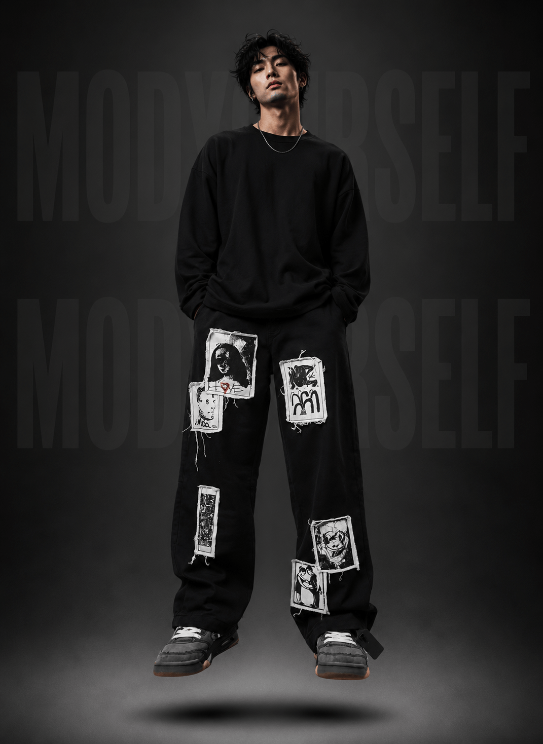 Straight Fit Anarchy Patch Tracks Model wearing ModYourself Straight Fit Anarchy Patch Tracks featuring patchwork graphics and luxury streetwear silhouette.
